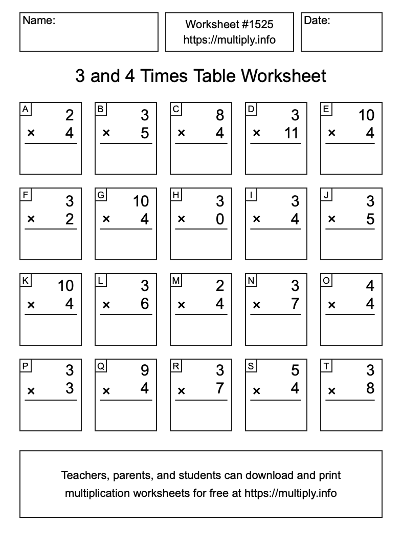 3 and 4 Times Table Worksheet #1525