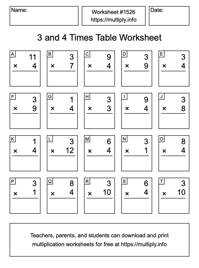 3 and 4 Times Table Worksheet #1526