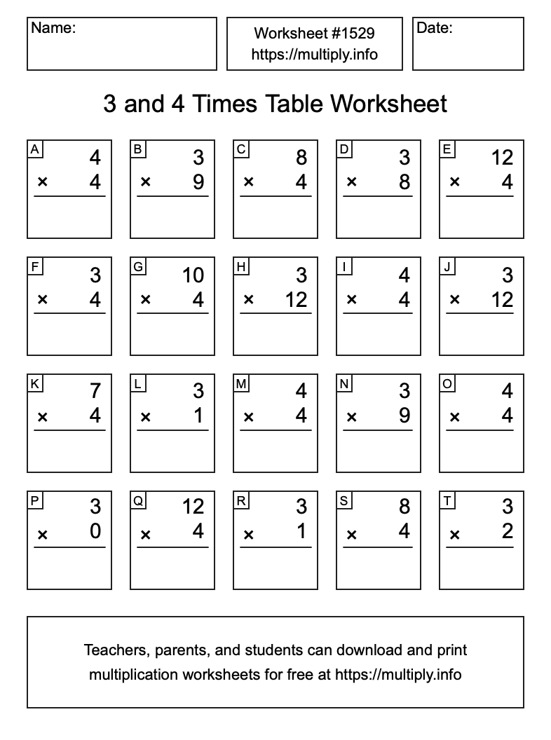 3 and 4 Times Table Worksheet #1529