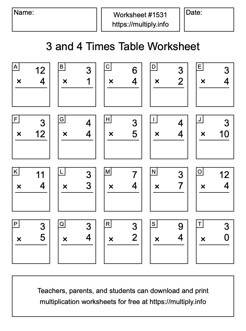 3 and 4 Times Table Worksheet #1531