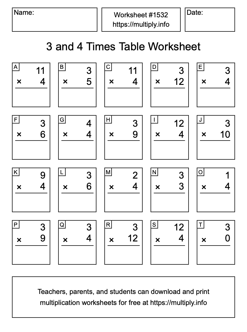 3 and 4 Times Table Worksheet #1532