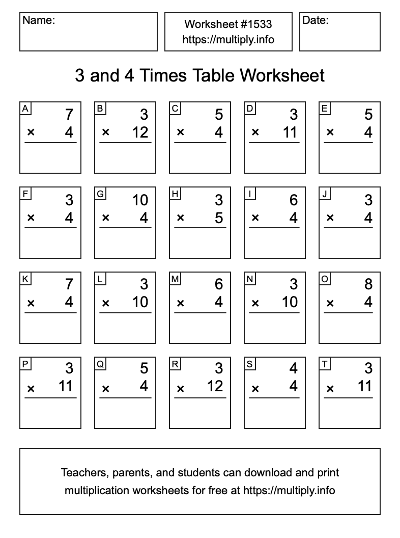 3 and 4 Times Table Worksheet #1533