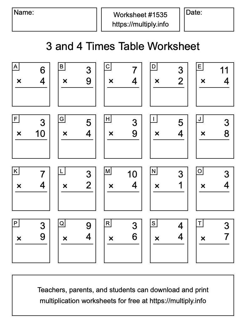 3 and 4 Times Table Worksheet #1535