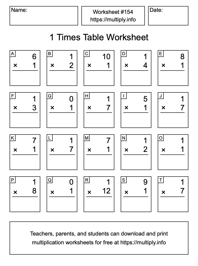 1 Times Table Worksheet #154