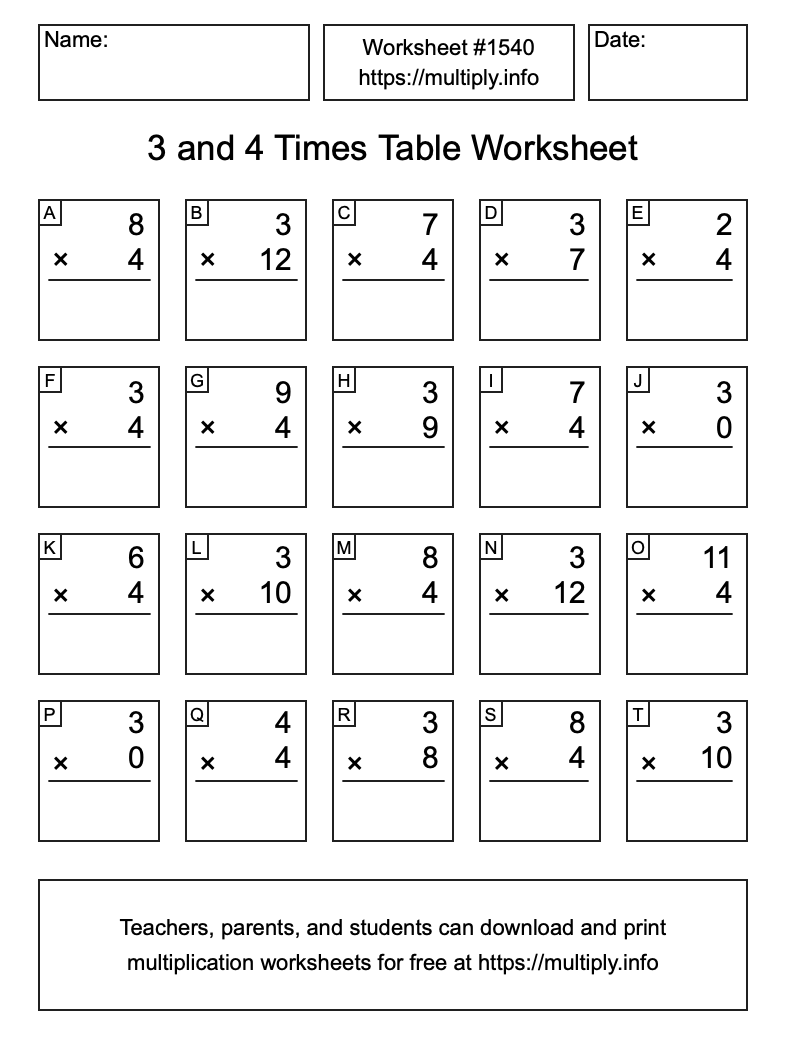 3 and 4 Times Table Worksheet #1540