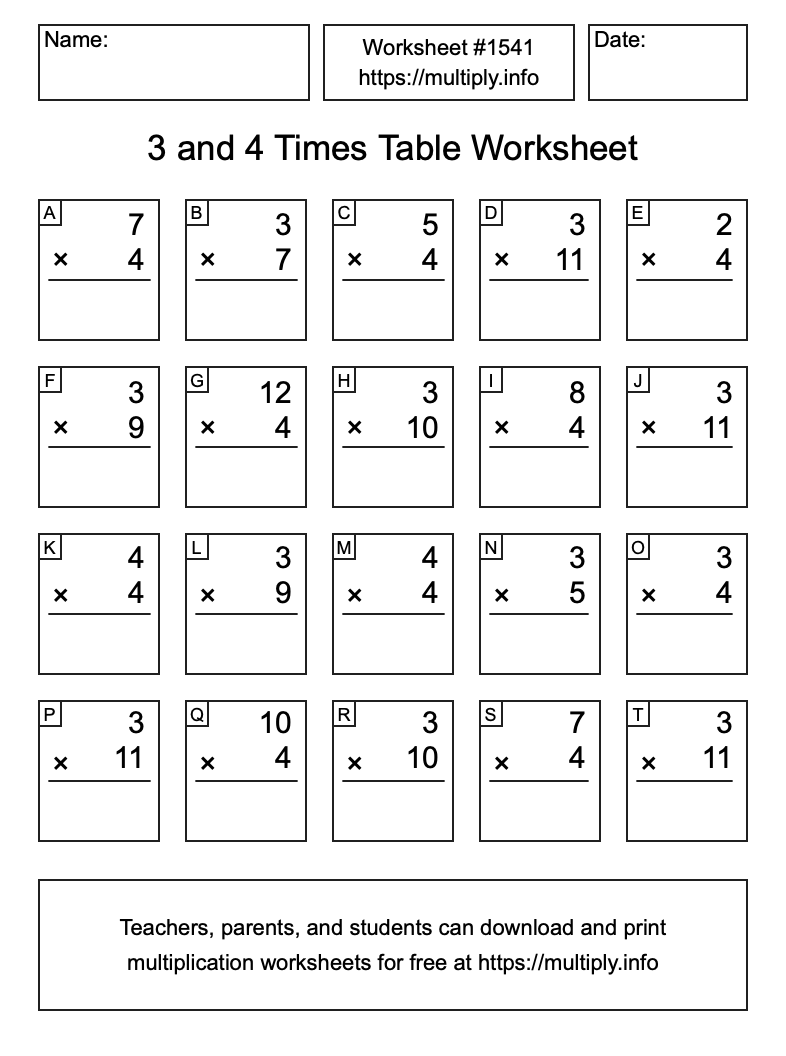 3 and 4 Times Table Worksheet #1541
