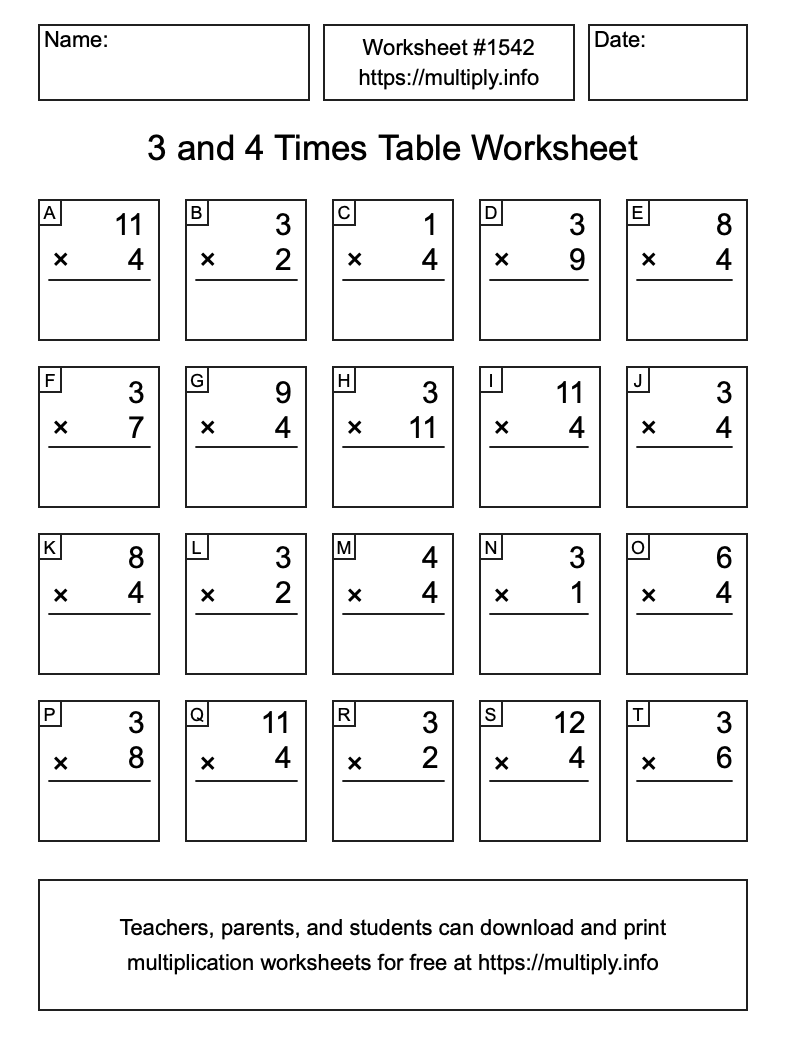3 and 4 Times Table Worksheet #1542