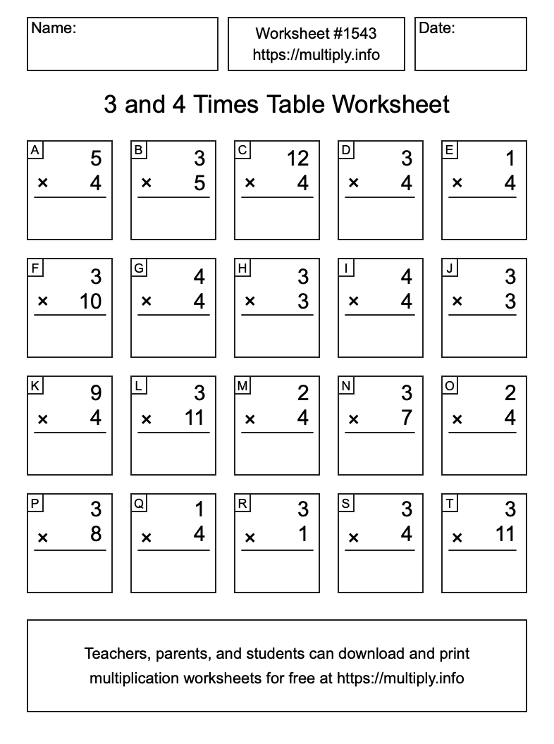 3 and 4 Times Table Worksheet #1543