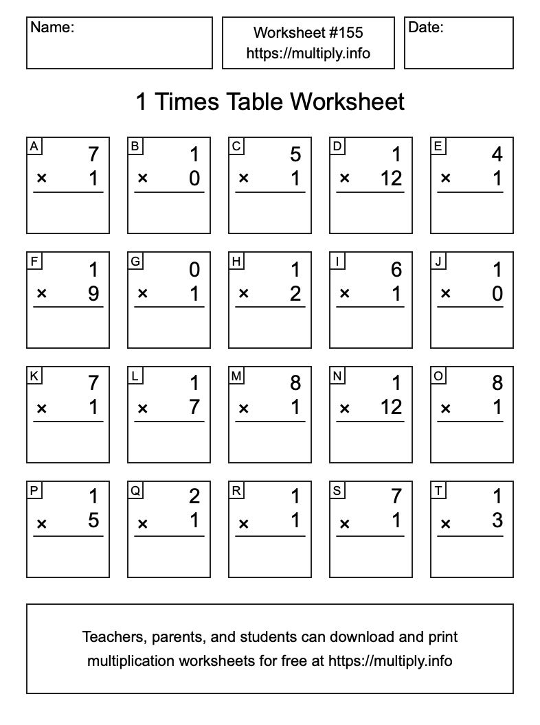 1 Times Table Worksheet #155