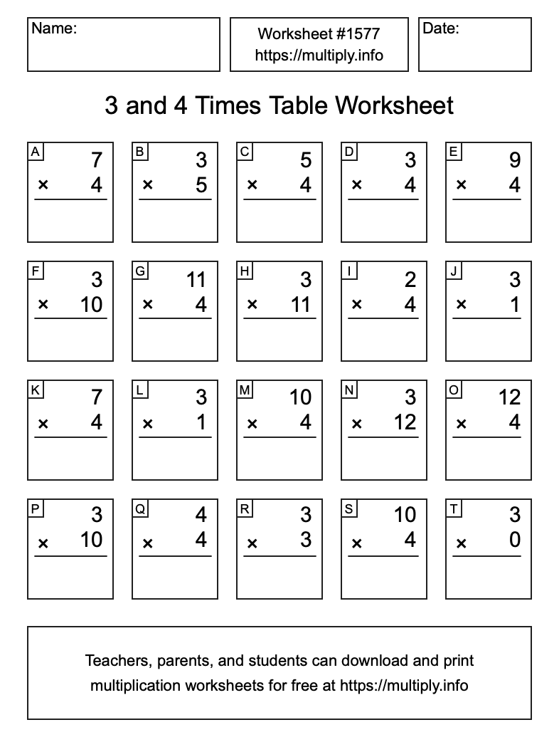 3 and 4 Times Table Worksheet #1577
