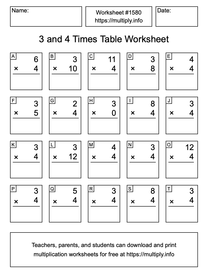 3 and 4 Times Table Worksheet #1580