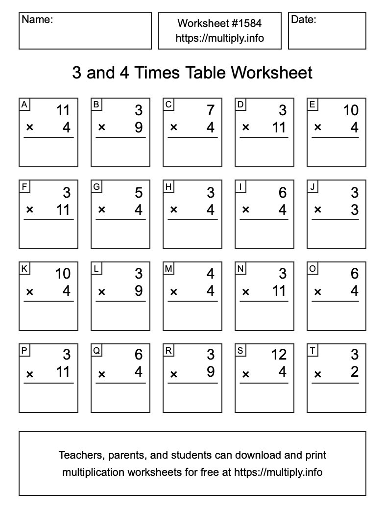 3 and 4 Times Table Worksheet #1584
