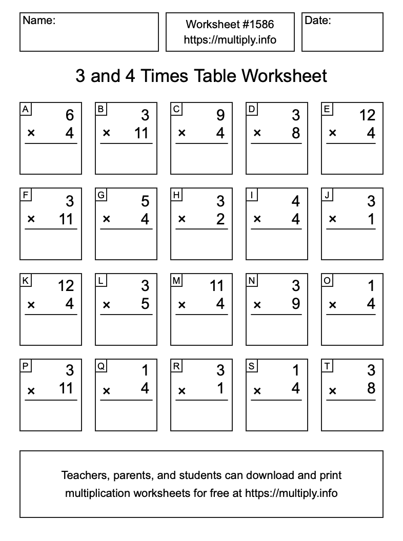 3 and 4 Times Table Worksheet #1586