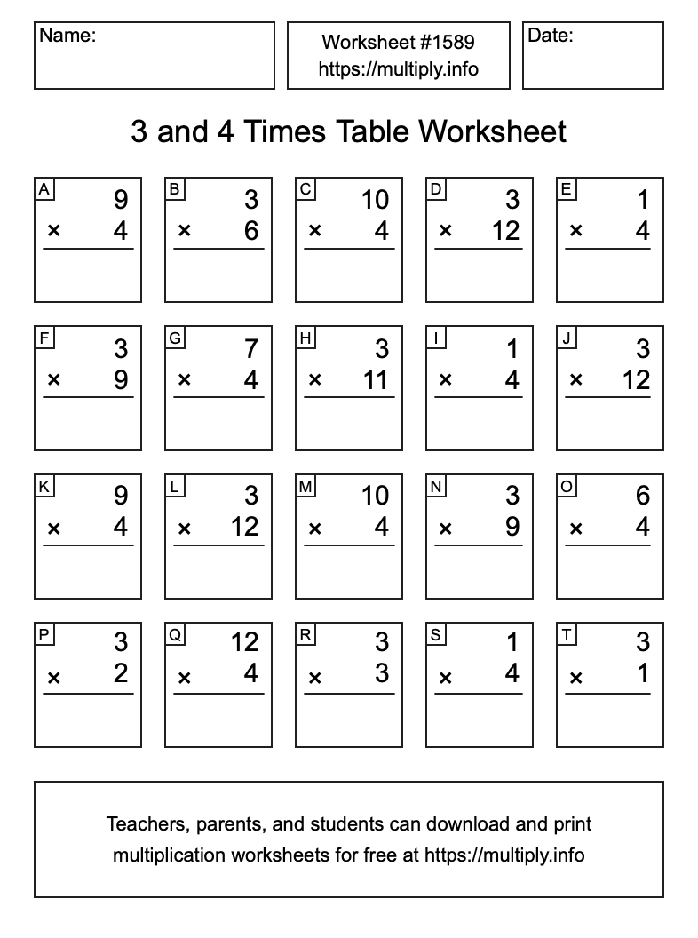 3 and 4 Times Table Worksheet #1589