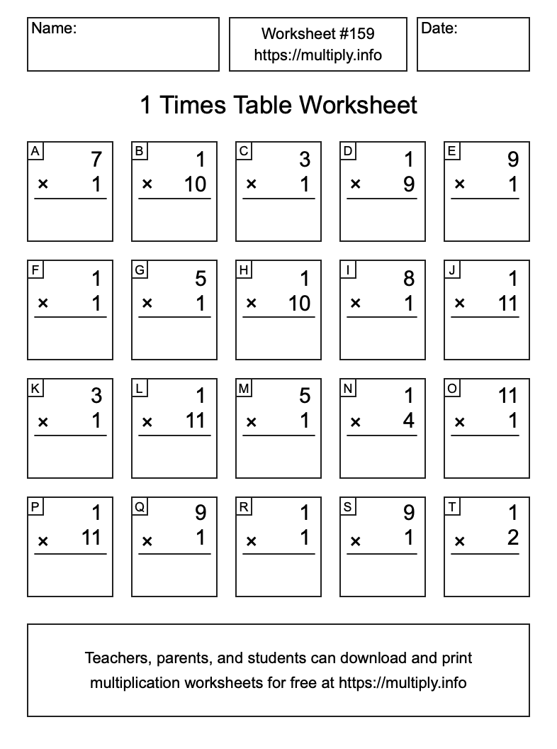 1 Times Table Worksheet #159