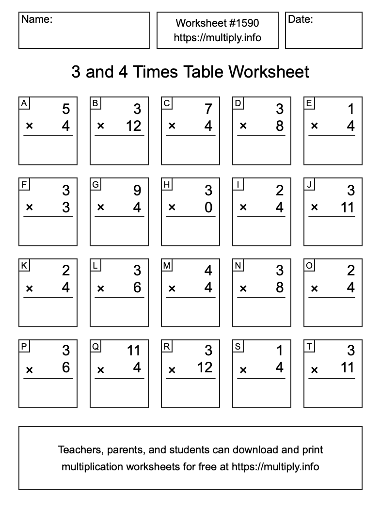 3 and 4 Times Table Worksheet #1590