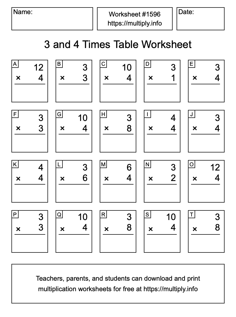 3 and 4 Times Table Worksheet #1596