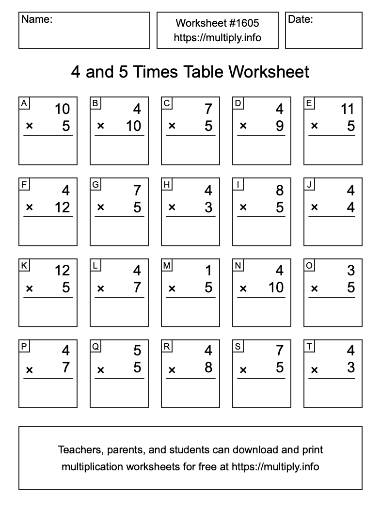 4 and 5 Times Table Worksheet #1605