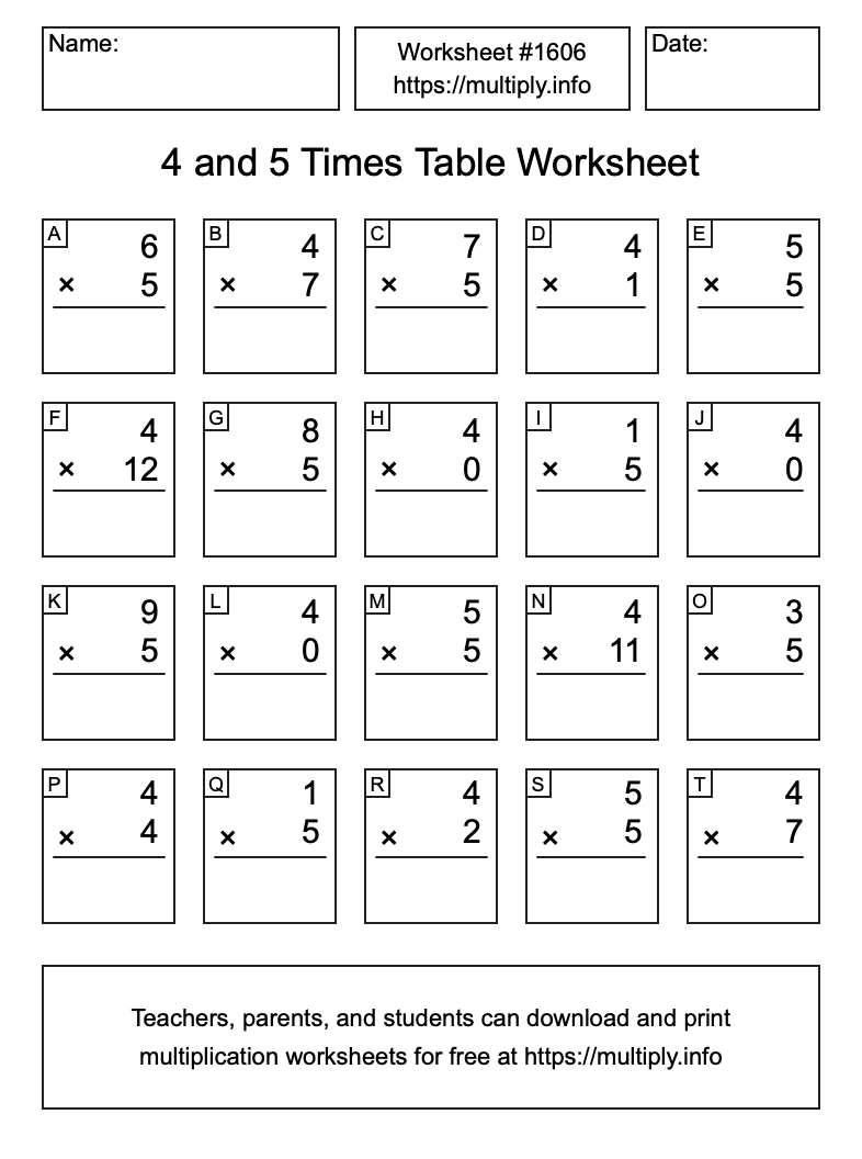 4 and 5 Times Table Worksheet #1606