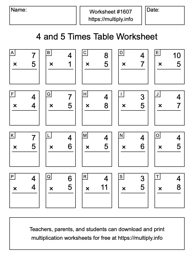 4 and 5 Times Table Worksheet #1607