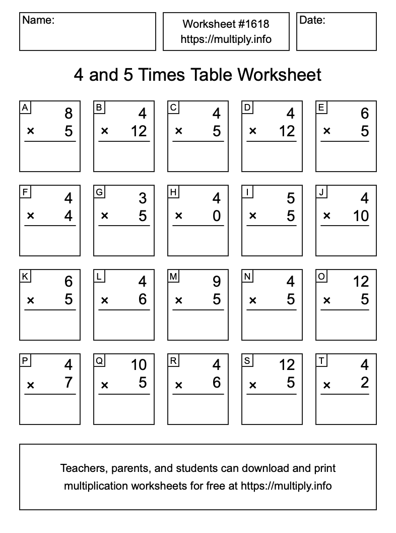 4 and 5 Times Table Worksheet #1618