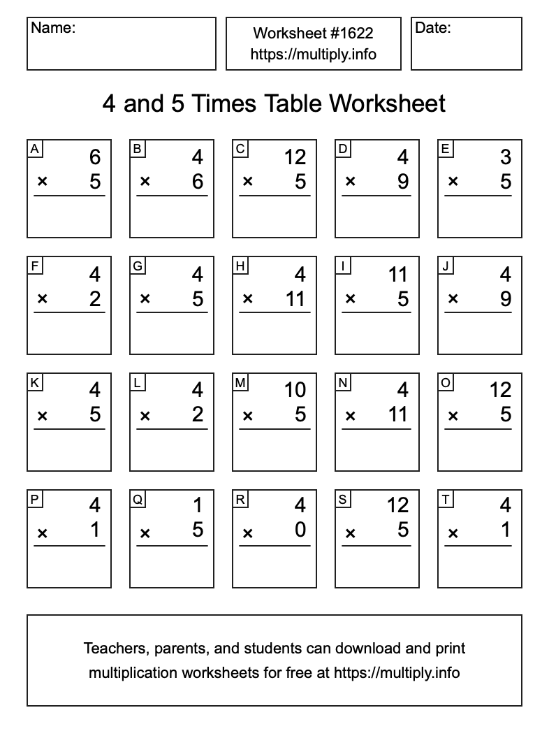 4 and 5 Times Table Worksheet #1622