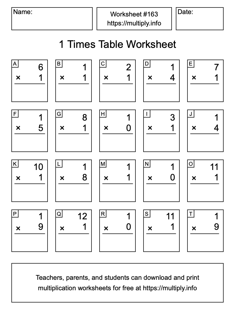 1 Times Table Worksheet #163