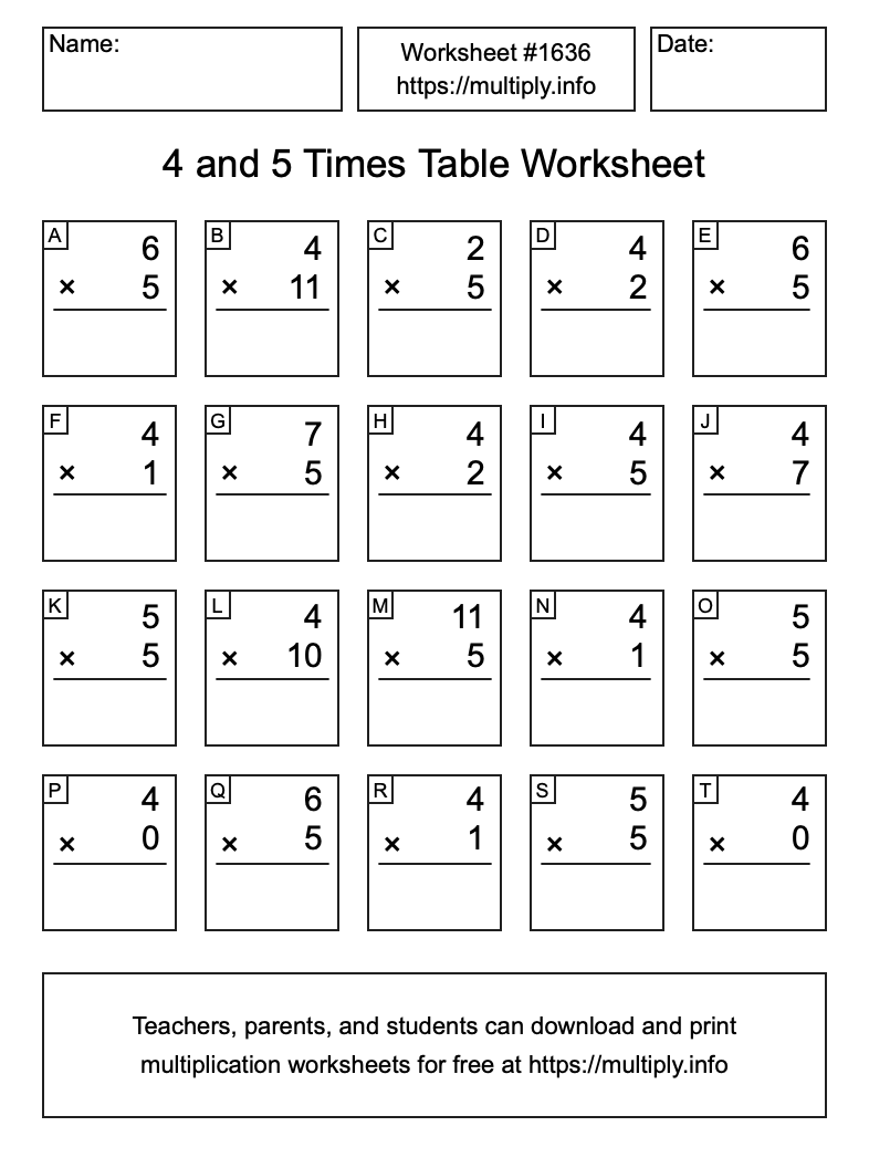 4 and 5 Times Table Worksheet #1636