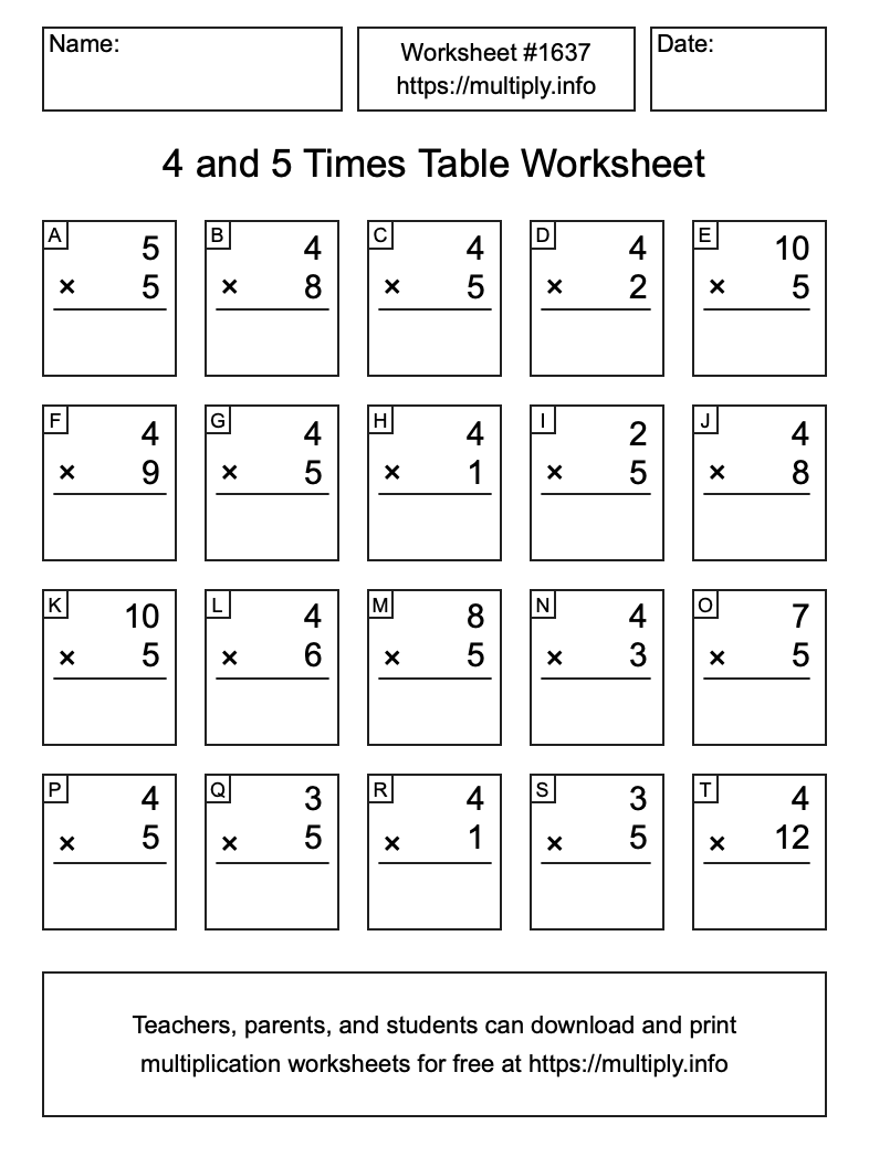 4 and 5 Times Table Worksheet #1637