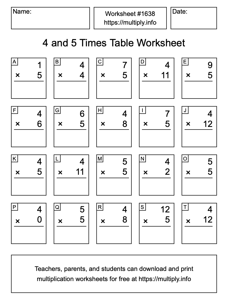4 and 5 Times Table Worksheet #1638