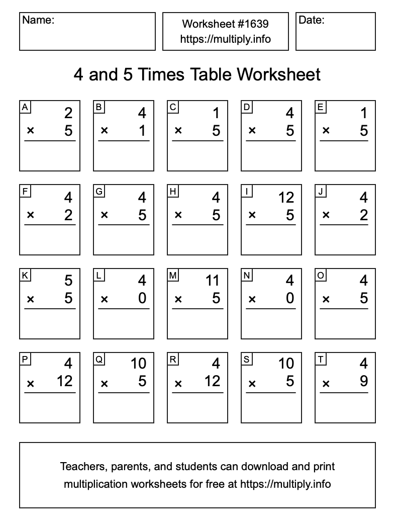 4 and 5 Times Table Worksheet #1639