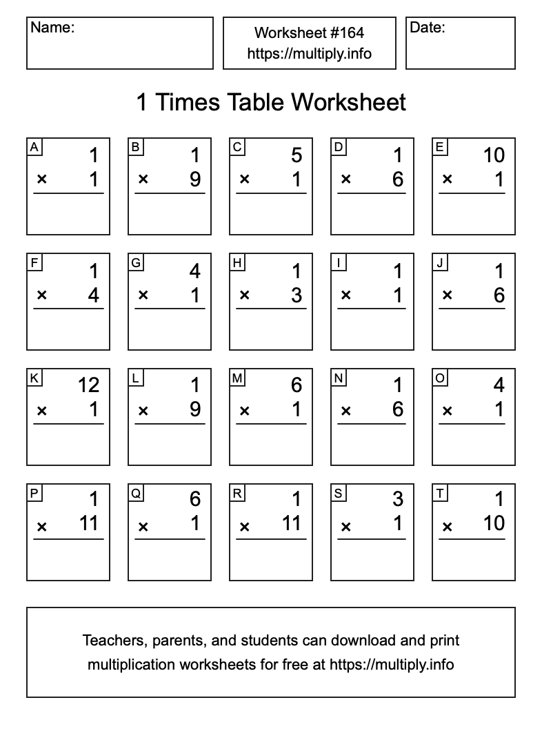 1 Times Table Worksheet #164