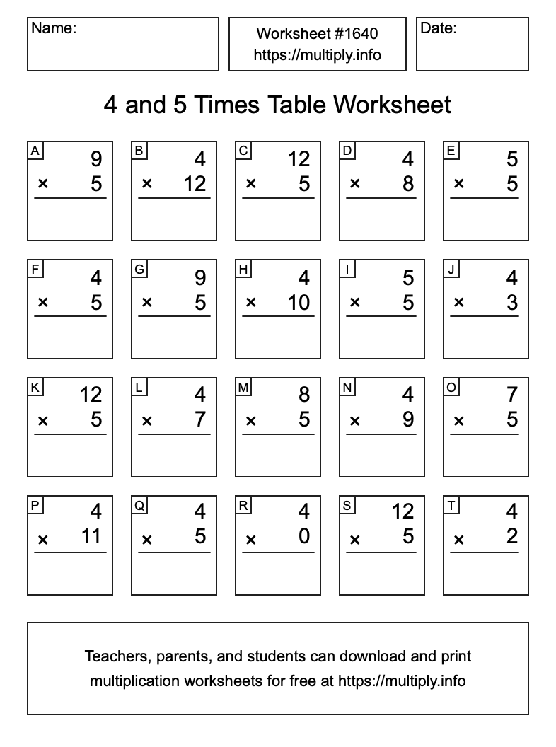 4 and 5 Times Table Worksheet #1640