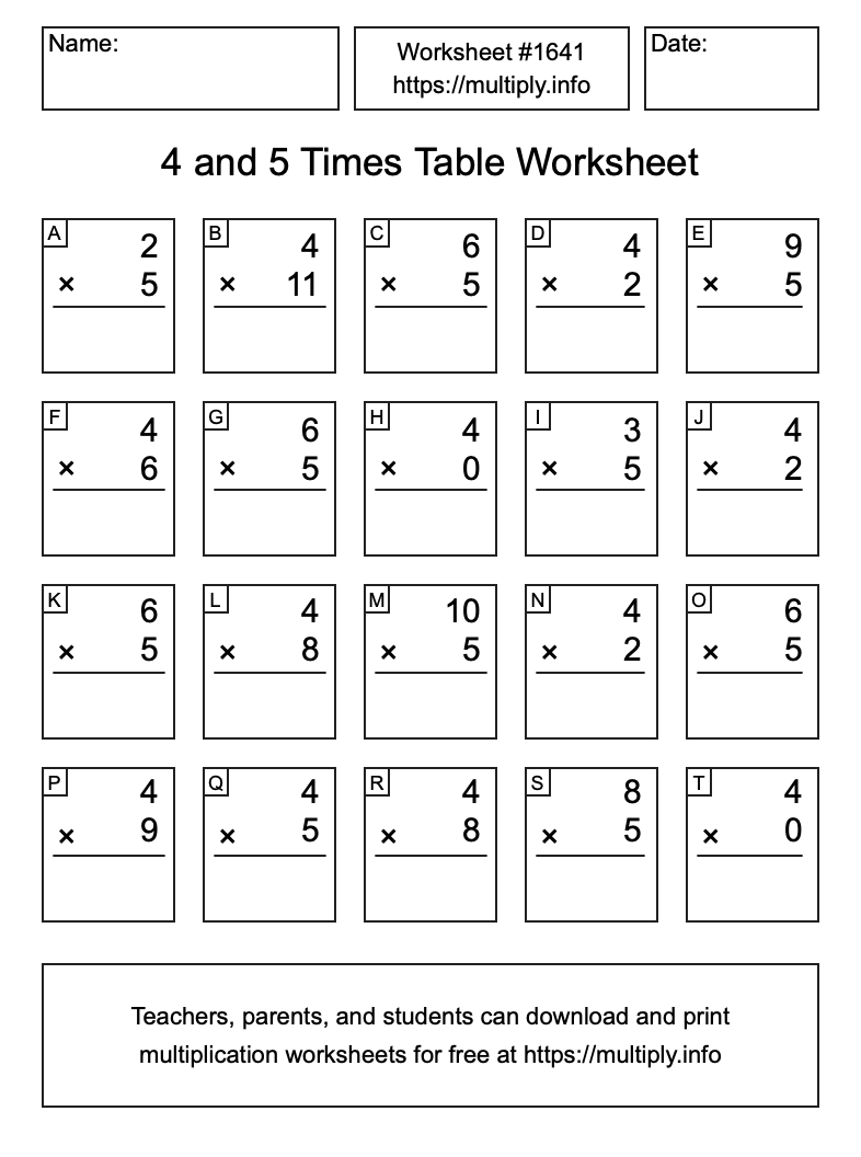4 and 5 Times Table Worksheet #1641