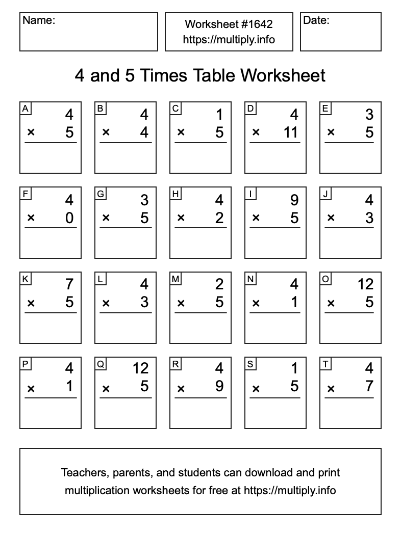 4 and 5 Times Table Worksheet #1642