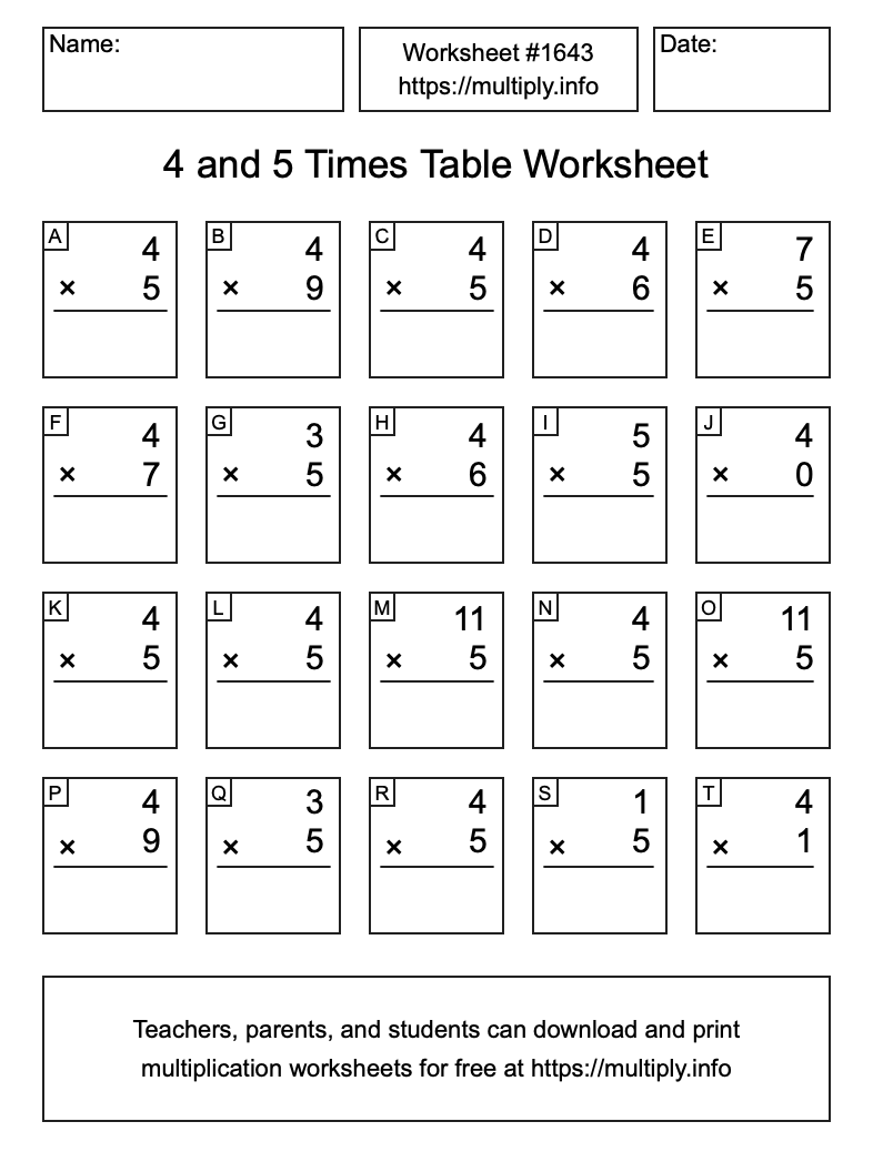 4 and 5 Times Table Worksheet #1643