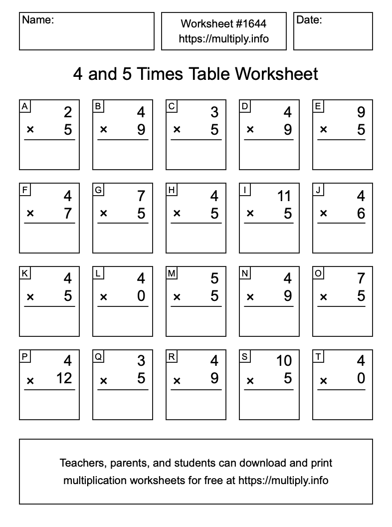 4 and 5 Times Table Worksheet #1644