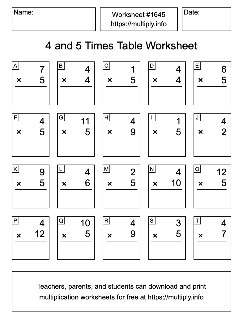 4 and 5 Times Table Worksheet #1645