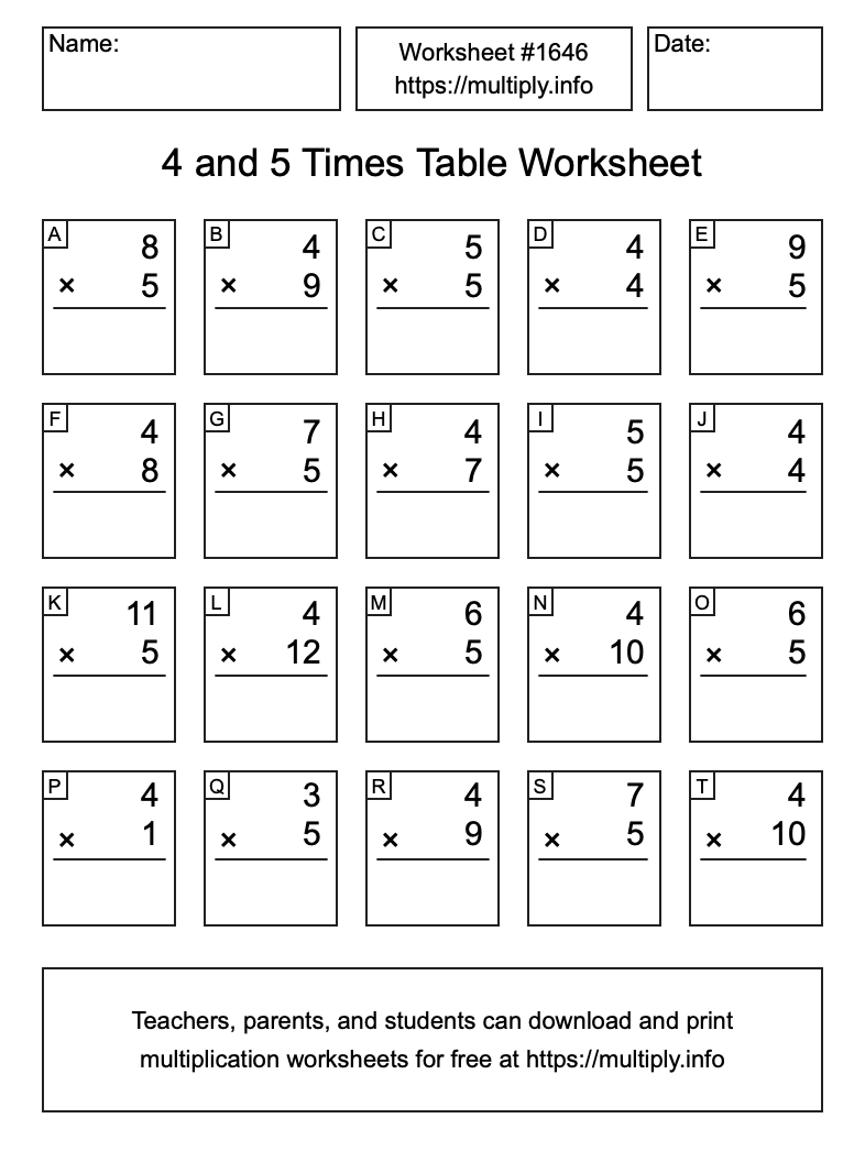 4 and 5 Times Table Worksheet #1646