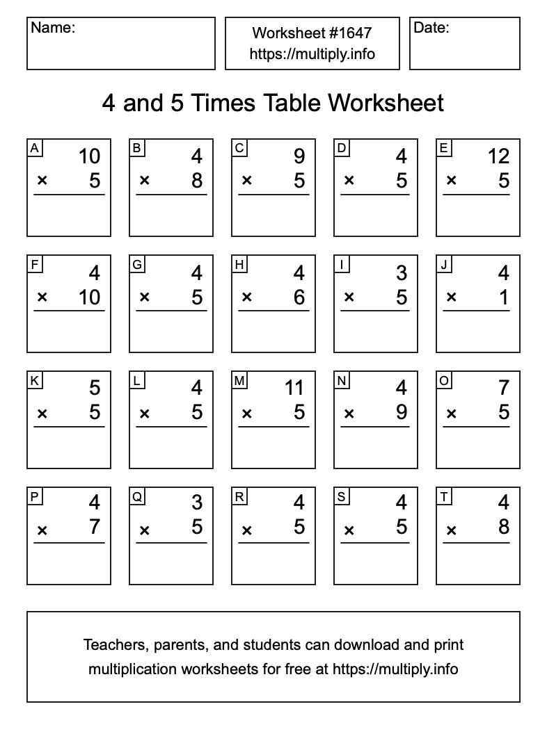 4 and 5 Times Table Worksheet #1647