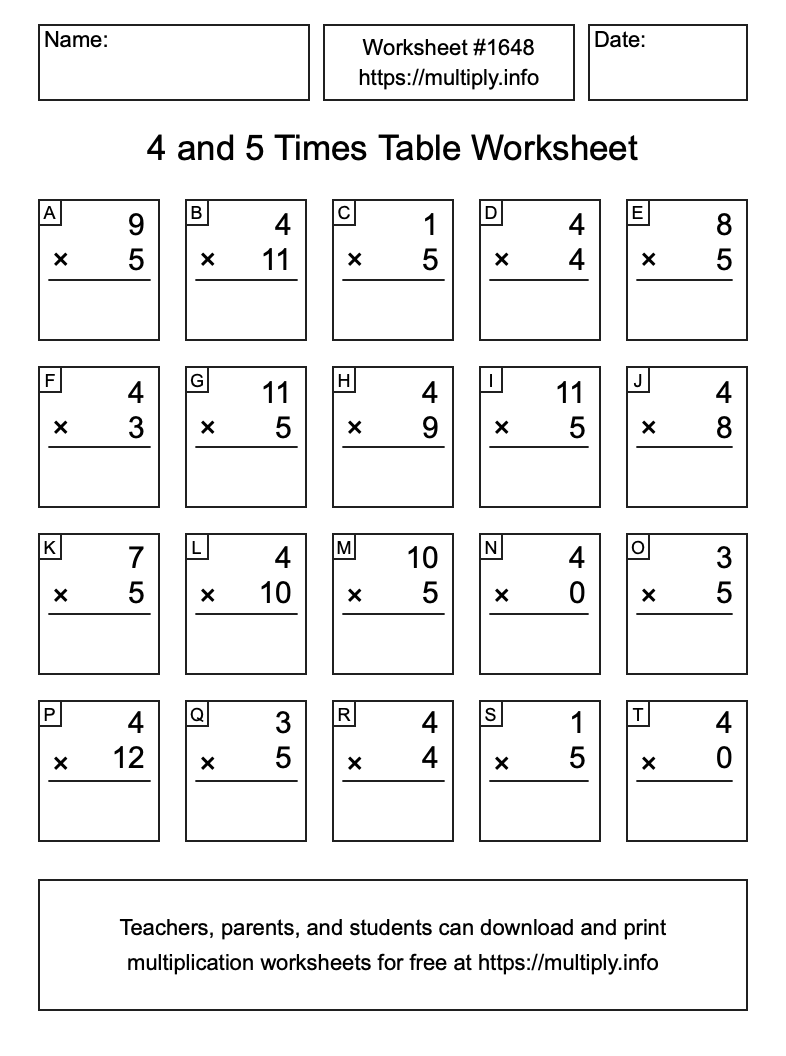 4 and 5 Times Table Worksheet #1648