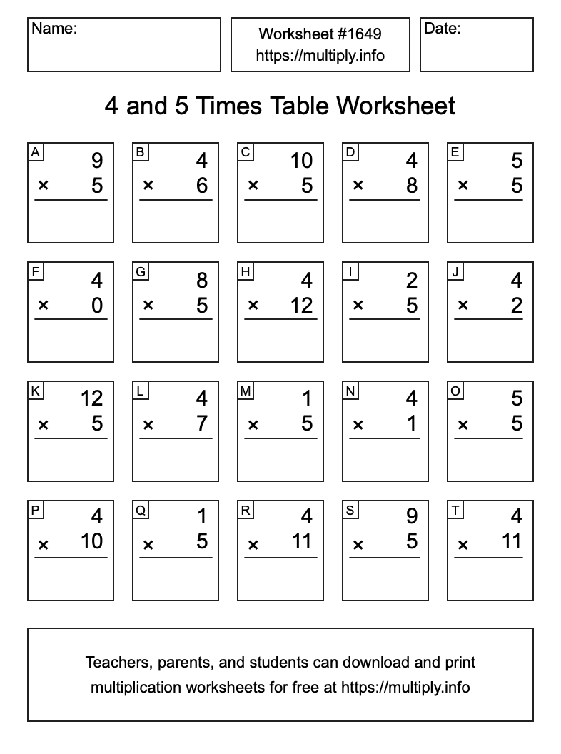 4 and 5 Times Table Worksheet #1649