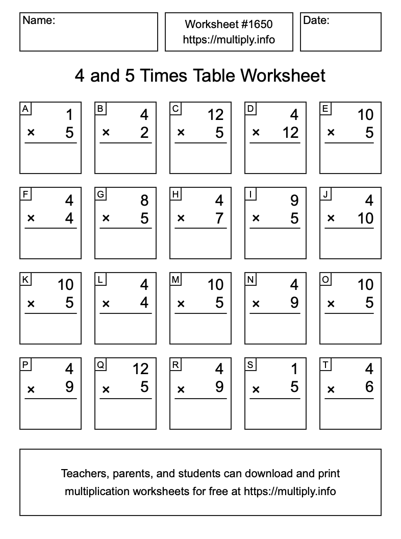 4 and 5 Times Table Worksheet #1650