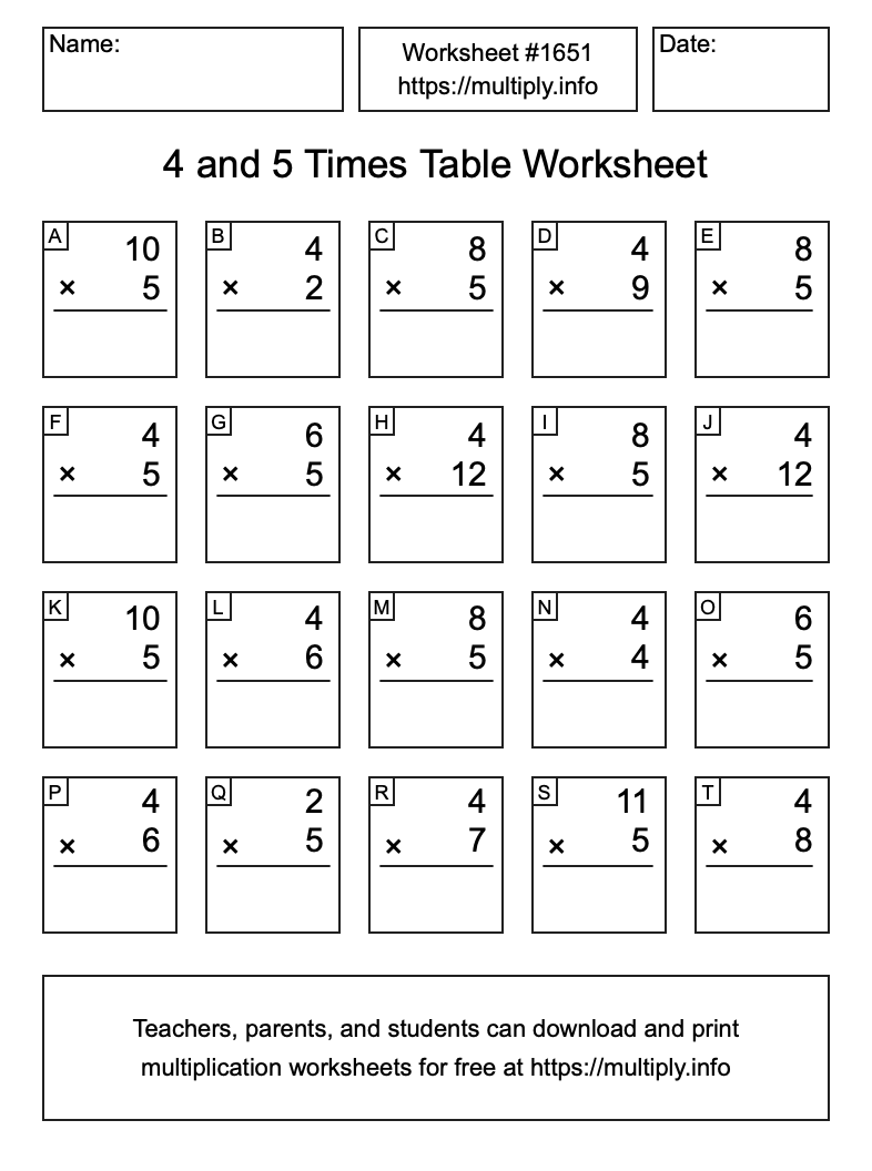 4 and 5 Times Table Worksheet #1651