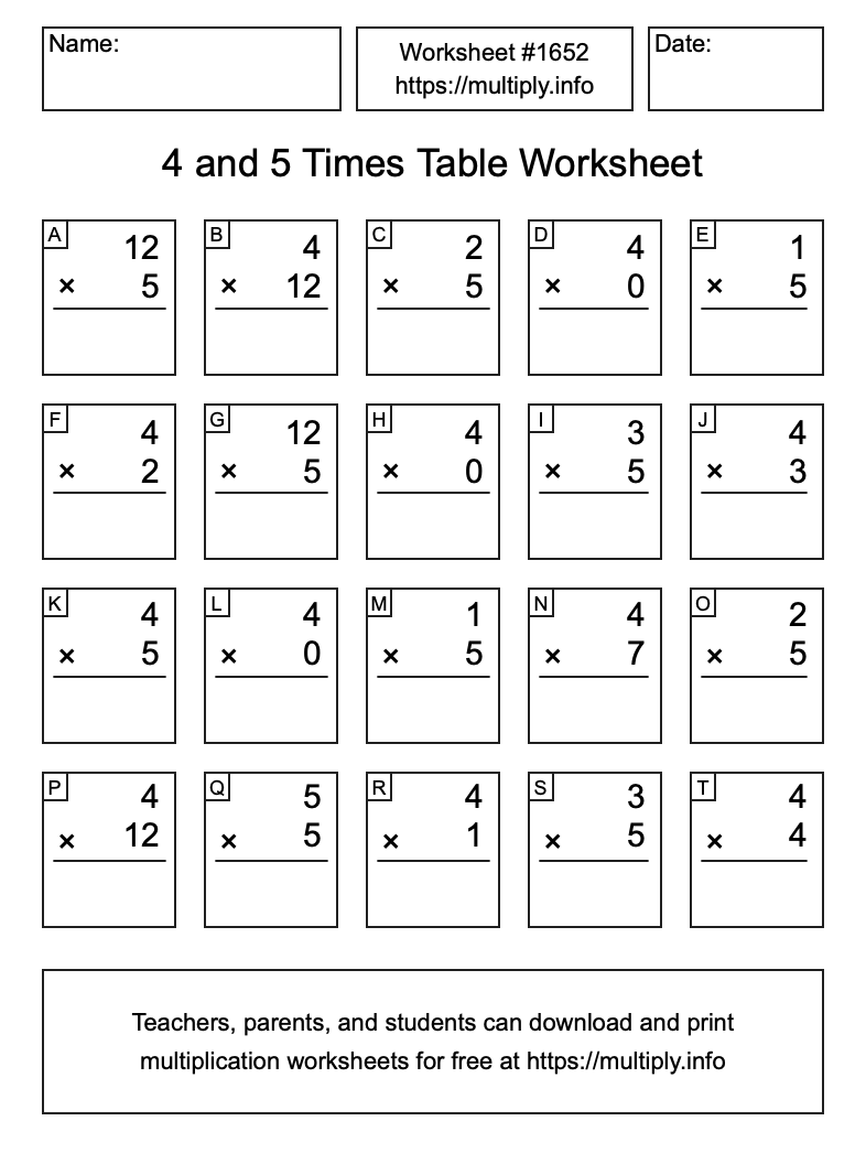 4 and 5 Times Table Worksheet #1652