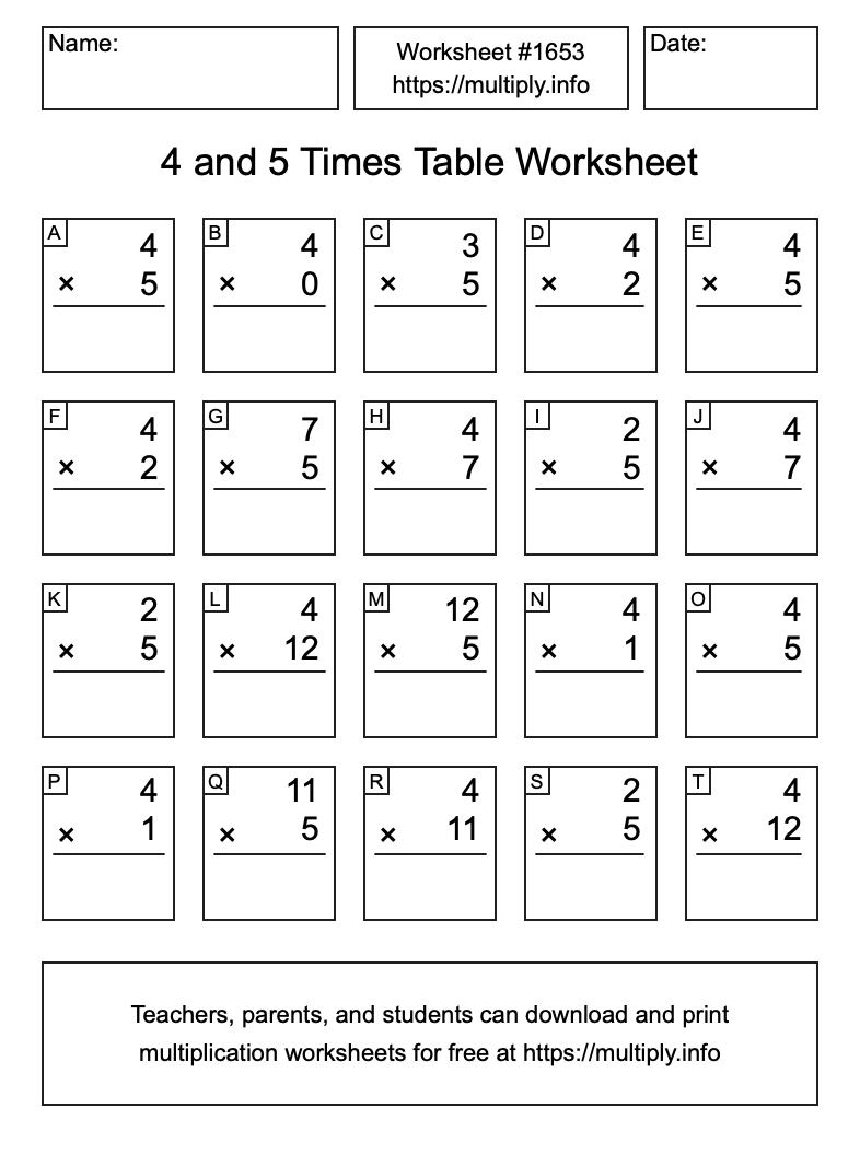 4 and 5 Times Table Worksheet #1653