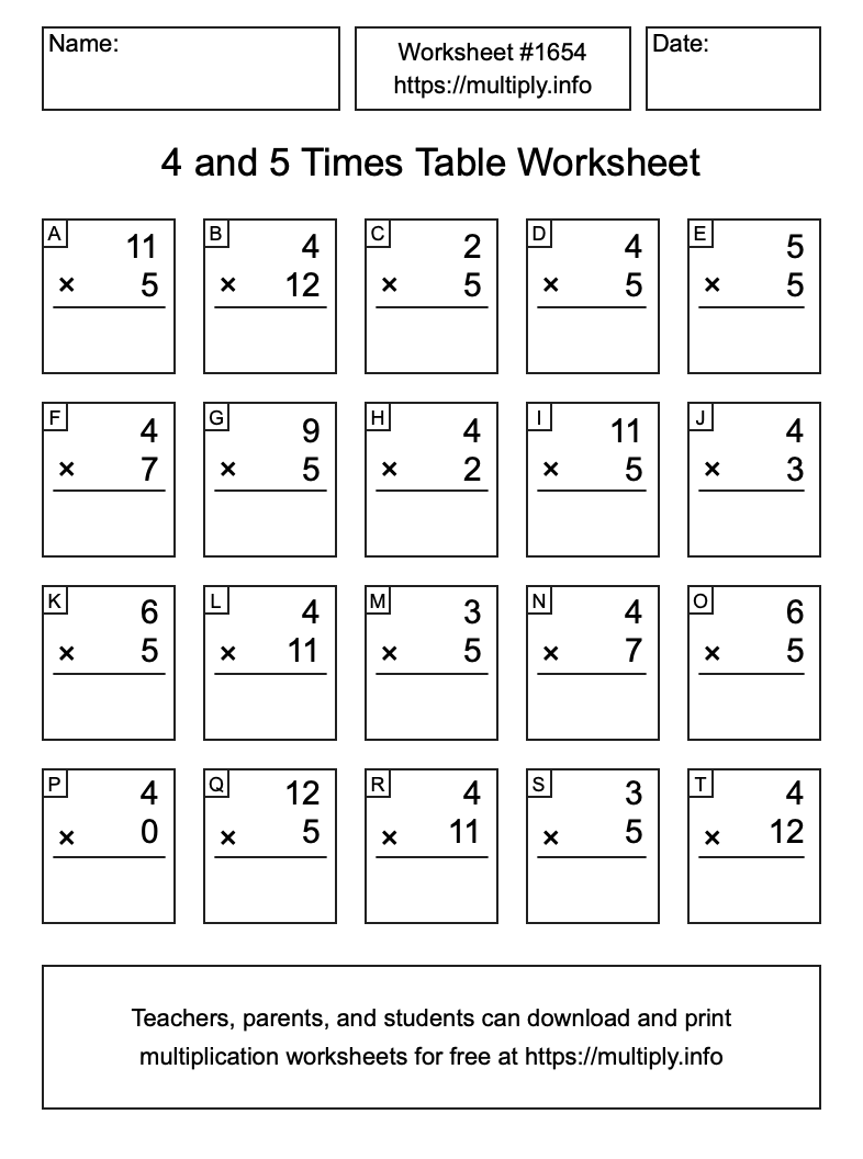 4 and 5 Times Table Worksheet #1654