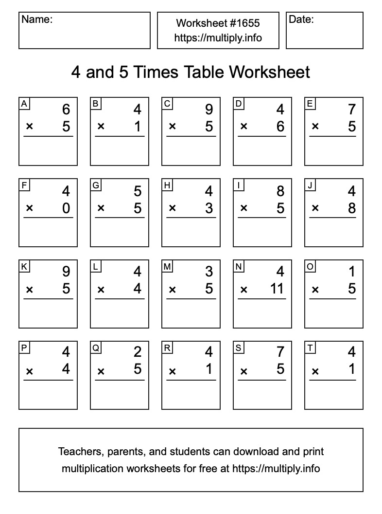 4 and 5 Times Table Worksheet #1655