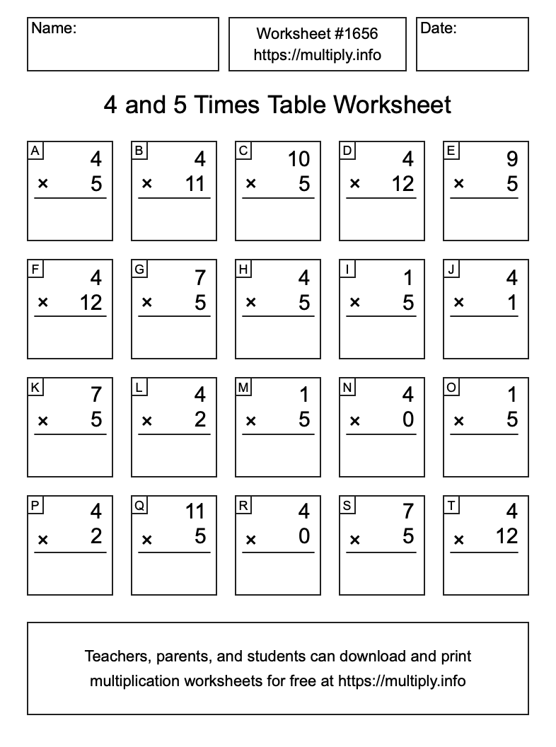 4 and 5 Times Table Worksheet #1656