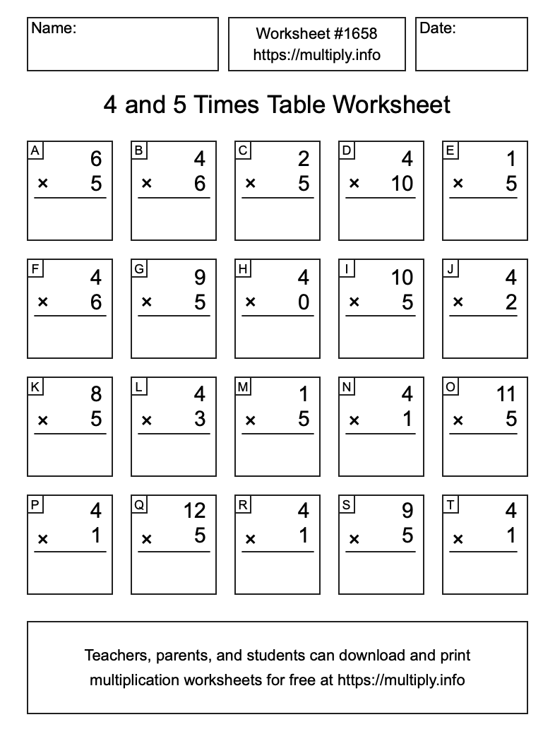 4 and 5 Times Table Worksheet #1658